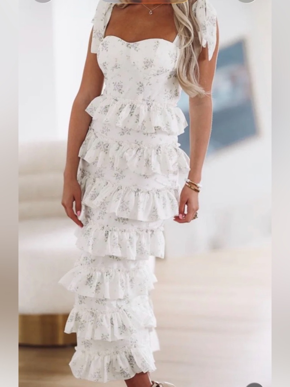 White Floral Ruffle Tiered Maxi Dress